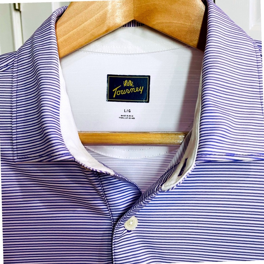 Tourney Golf Polo Shirt Men Large L Purple White Micro Stripe Performance Preppy